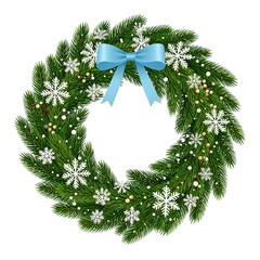 Green Christmas wreath adorned with snowflakes and a light blue bow on a white background, festive holiday decor