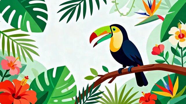 Toucan perched on branch with tropical foliage