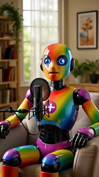 A young LGBT android records a podcast with a microphone in a cozy home studio. Ideal for media and content marketing.