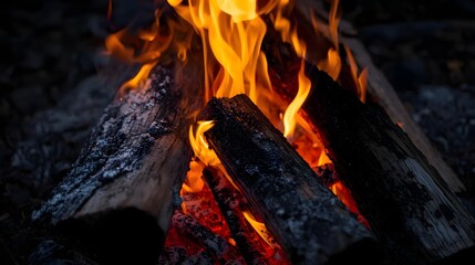Close-up of a roaring campfire with vibrant orange and red flames engulfing dark burning wood logs at night, providing warmth and light. Perfect for outdoor, adventure, and cozy themes.