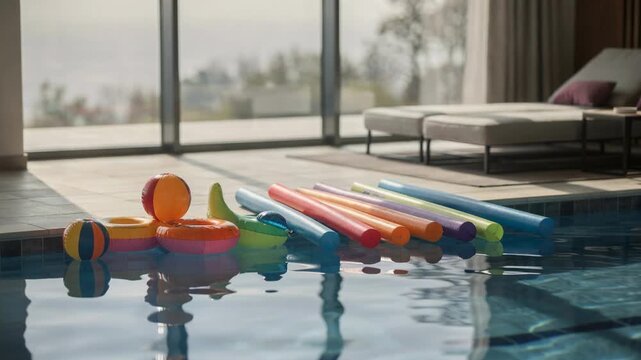 Colorful inflatable toys and foam noodles floating on calm water in an indoor swimming pool. Bright leisure scene with reflections and modern lounge area.