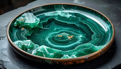 Green crystal bowl. Irregular pieces, swirling patterns, brown rim and a dark stone backdrop are visible