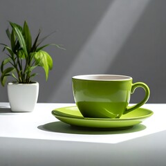 Green cup & saucer with plant in natural light on a white surface