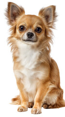 Small chihuahua sitting on white background with clipped fur