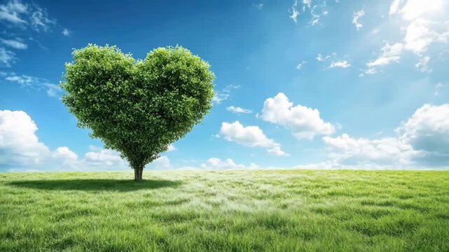 Heart-shaped tree on green grassfield under blue sky with clouds. The 14th of February. Happy Valentine's Day