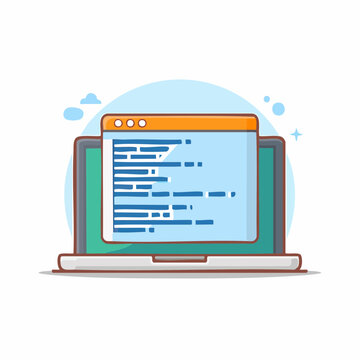 Cartoon illustration of a laptop computer with coding screen