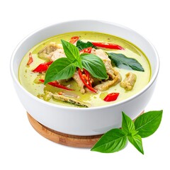 Green curry in a white bowl. Basil, chilies, and wooden coaster visible. Creamy, savory, and aromatic presentation