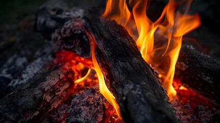 Dynamic close-up of a crackling campfire with glowing logs and vibrant orange flames. Perfect for themes of outdoor warmth, camping, energy, and cozy evening atmospheres.