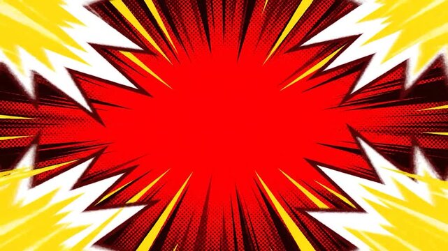 Comic-style explosion design, red center expanding outwards with yellow, white, and black elements