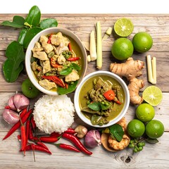 Green curry dishes surrounded by ingredients on a weathered wooden surface, top-down view