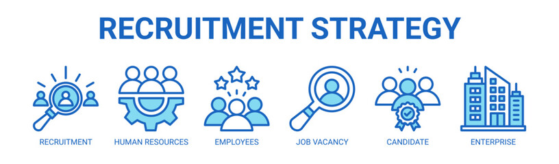 Fototapeta premium Recruitment Strategy web banner icon vector illustration concept with icon of recruitment, human resources, employees, job vacancy, candidate, and enterprise.