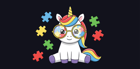 Naklejka premium Cute unicorn wearing glasses surrounded by puzzle pieces on black background