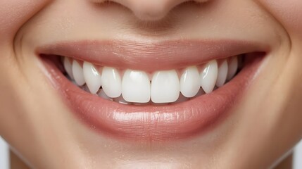 Stunning close-up of a vibrant, healthy smile with dazzling white teeth and soft pink lips. Represents dental hygiene, beauty, self-care, and confidence. Perfect for cosmetic and oral health campai