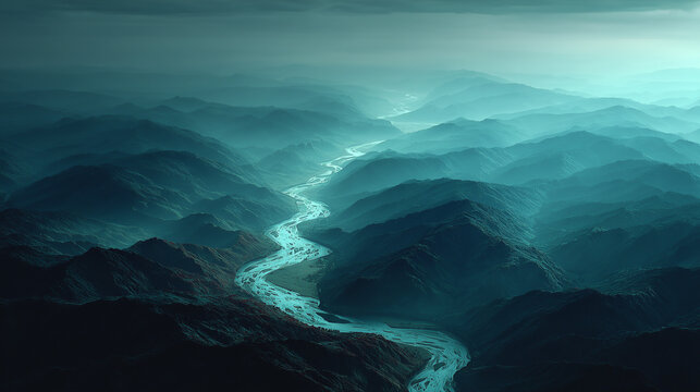 Wave of river in the center of black valley , dark mood , amazing landscape.
