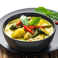 Green curry with chicken, squash, and basil in a black bowl on a wooden surface