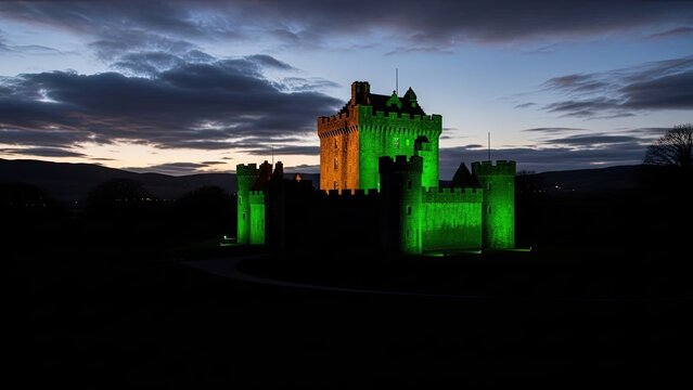 St patrick's day castle celebration with green and orange lighting