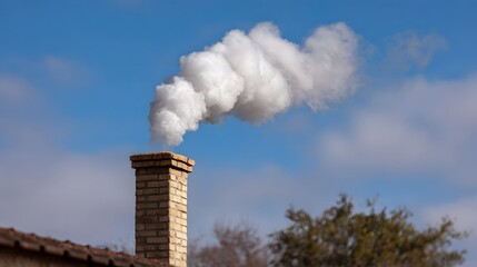 White smoke plumes from a brick chimney into a clear blue sky
