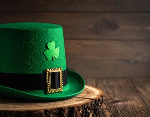 Green felt hat adorned with shamrock on wood stump against wood wall