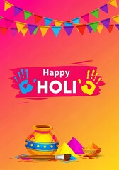 Vibrant holi celebration with colorful powders and decorations on pink background