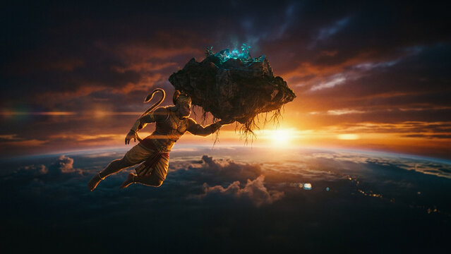 Lord Hanuman flying with the Sanjeevani mountain in a mythological scene