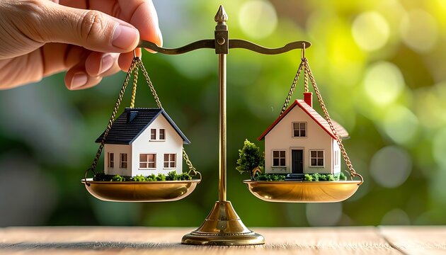 Hand holding scales balancing two miniature houses with bokeh background and wooden surface
