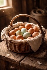 Oval wicker egg basket lined with cream linen, filled with brown chicken eggs and pale green duck eggs. Barn light, rustic farmhouse still life.