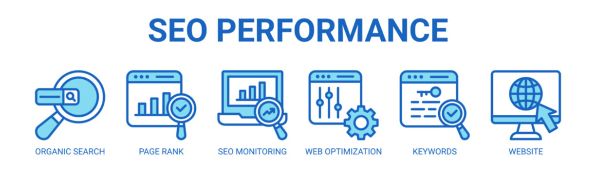 Seo Performance web banner icon vector illustration concept with icon of organic search, page rank, seo monitoring, web optimization, keywords, and website.