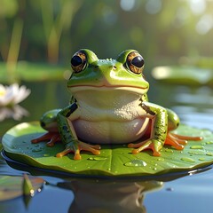 Green frog sitting on a lilypad with water droplets, in a serene pond setting with blurry green foliage