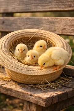 Four yellow baby chicks in vintage straw hat filled with hay on wooden bench. One climbing brim, warm light, playful Easter scene.