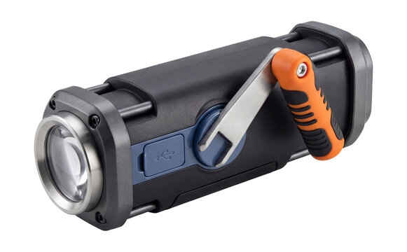 Hand-crank dynamo flashlight with integrated USB port.
