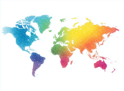 A colorful illustration of a world map with vibrant rainbow hues on a white background