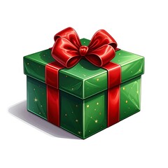 Green gift box with a red ribbon and bow, softly lit and casting a shadow on a white surface