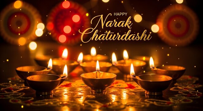 Happy Narak Chaturdashi celebration with glowing traditional brass oil lamps (diyas) and bokeh lights on a dark background
