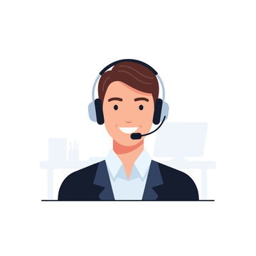 A cheerful cartoon man wearing a headset and smiling in a modern office setting with a clean and minimalist background.