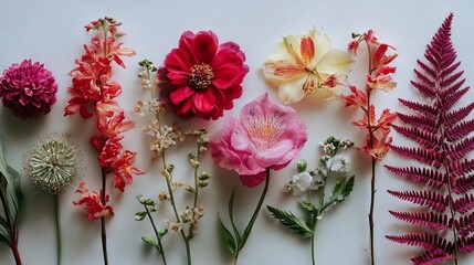 flowers arranged on one side of the frame, fresh flowers, realistic botanical photography