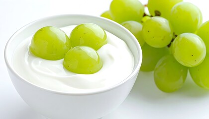 Green grapes in a small white bowl of yogurt beside a grape bunch on a white surface, simple still life