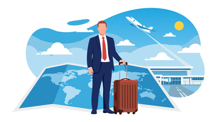 Obraz premium Business Travel Vector Illustration of a Businessman with Suitcase at Airport and World Map Background