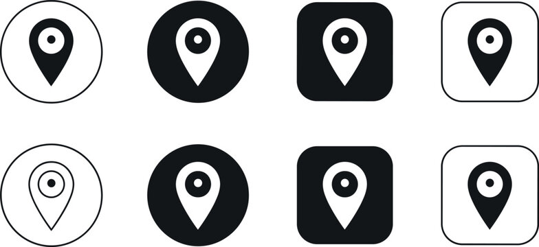 Minimal black and white map location pin icon set in circular and square styles for navigation, apps and web design
