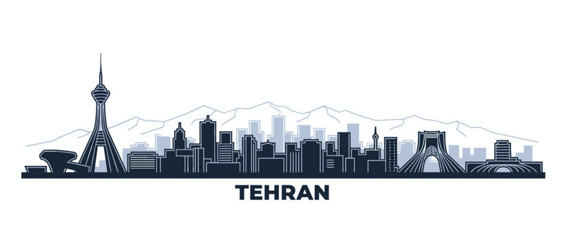 A panoramic silhouette of the Tehran skyline featuring iconic landmarks and mountains in the background.
