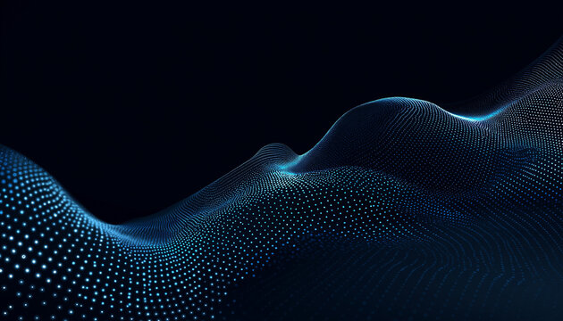 A futuristic digital landscape with a wave of blue dots on a black background