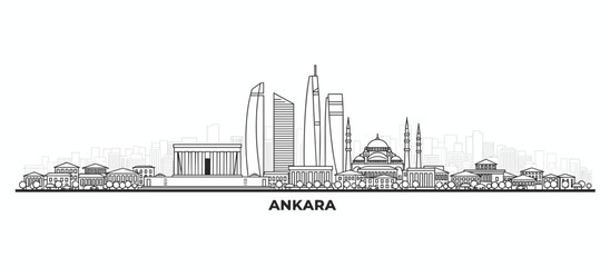 Obraz premium Ankara skyline illustration featuring modern skyscrapers and historical buildings, presented in a clean, minimalist line art style.