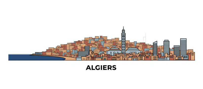 A panoramic illustration of the Algiers skyline, featuring a dense collection of buildings cascading down a hill towards the sea, with a prominent church tower and modern skyscrapers.