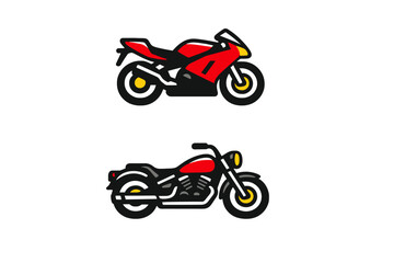 Obraz premium Two stylized red motorcycle icons are displayed against a solid black background. The top one is a modern sportbike, while the bottom one is a classic cruiser style motorbike.