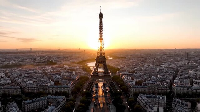 Aerial View of the Eiffel Tower at Sunrise Over the City of Paris.