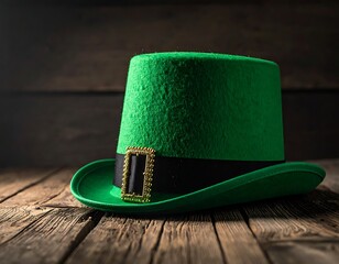 Green hat with buckle on a rustic wood background, potentially for St. Patrick's Day, illuminated from above