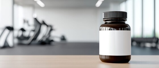 Clear Glass Supplement Bottle on Wooden Table in Modern Gym Setting with Equipment in Background