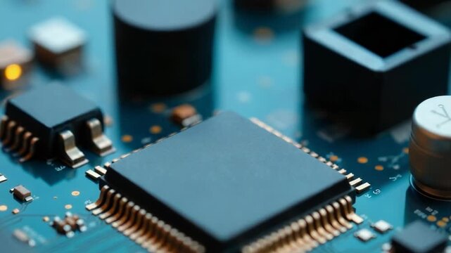 Video Electronic components on a circuit board, ideal for technology and science s