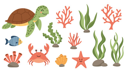 Naklejka premium Cute collection of cartoon sea animals and plants, including a turtle, crab, fish, and various corals and seaweeds.