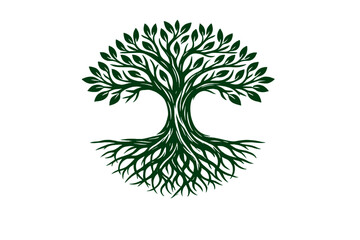 Naklejka premium A dark green stylized illustration of a tree of life with symmetrical branches and roots against a solid black background. The design features intricate leaves and a dense root system.