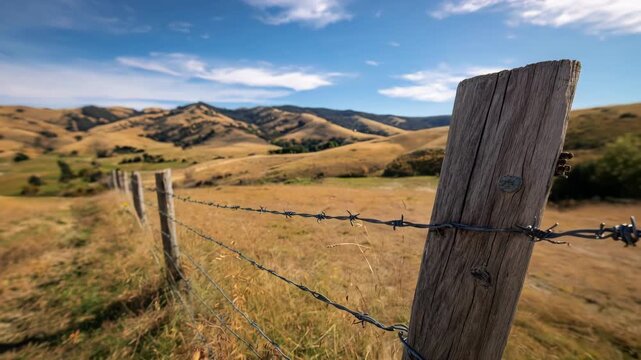 Medium shot of rural wooden post and wire fencing securing a remote agricultural property with rolling hills in the background.